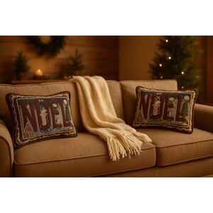 2 Vtg Newport Throw Pillows Green Burgundy Tapestry Christmas NOEL Elves